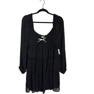 Altar’d State Black Swiss Dot Puff Sleeve Smock Tiered Dress L Fairy Whimsigoth
